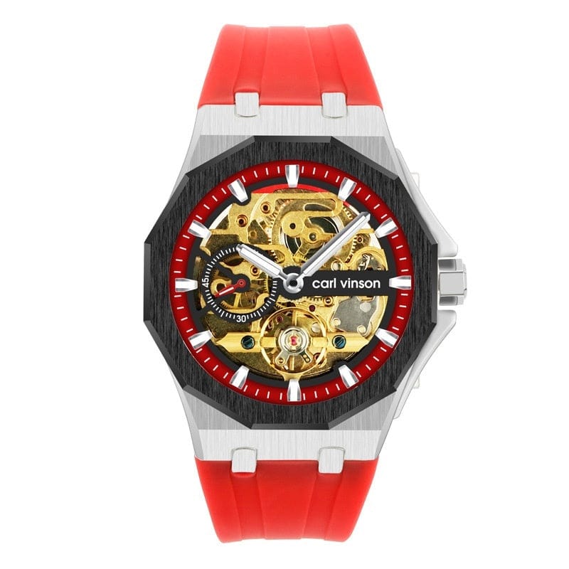 A skeleton-dial wristwatch with a silver octagonal case, a black textured bezel, a red inner ring, and a vibrant red rubber strap.