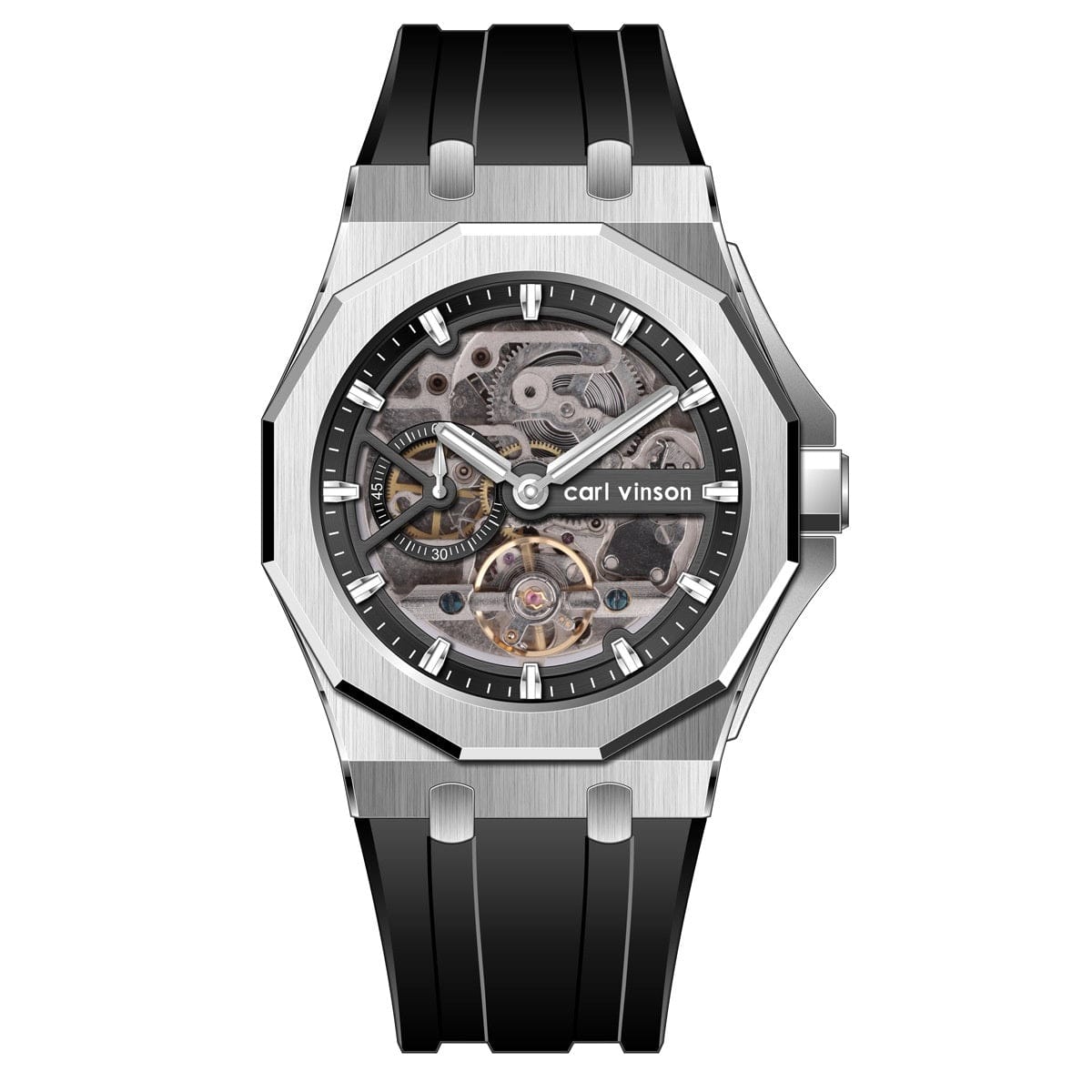 A skeletonized wristwatch featuring a silver-toned octagonal case, a black rubber strap, and exposed inner watch mechanisms under a circular dial with white hour markers.