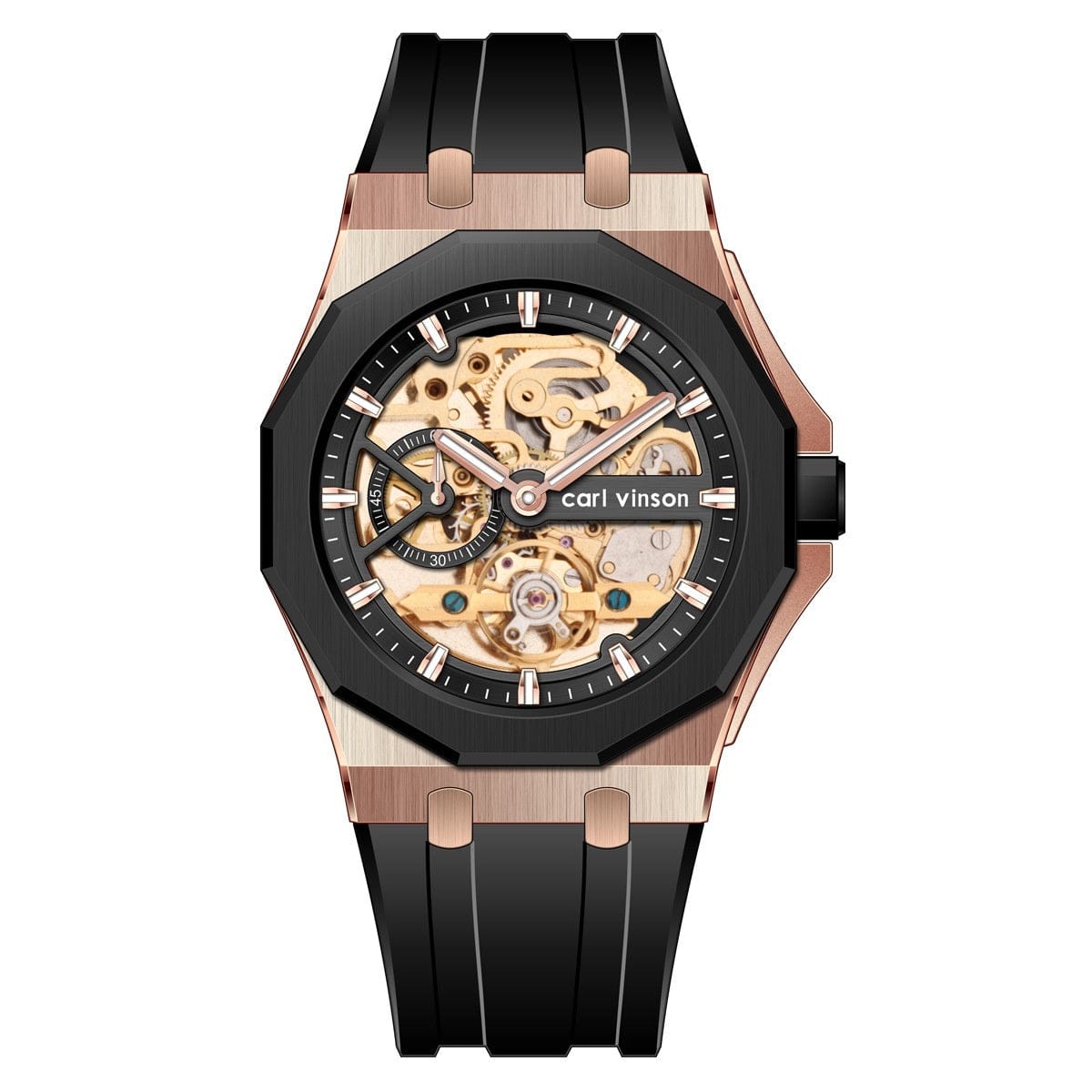 A skeleton watch with a rose gold-toned hexagonal case, a black bezel, and a black silicone strap displaying an intricate golden mechanical movement.