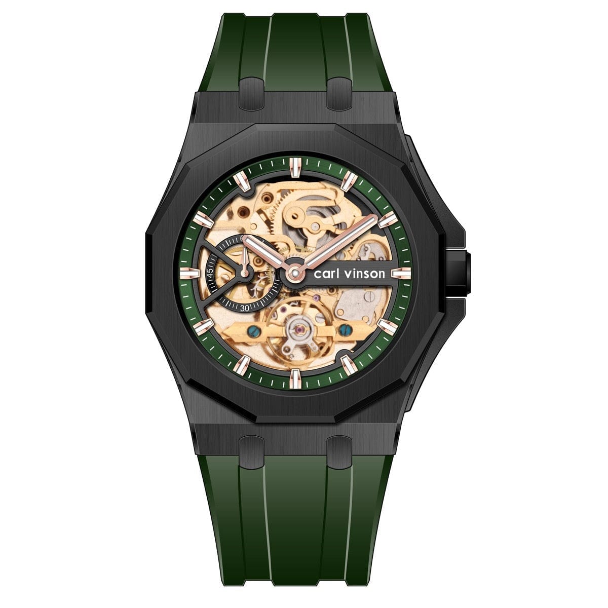 A skeleton watch featuring a black octagonal case, a visible mechanical movement with gold-toned gears, and a green dial with light accents, finished with a matching green rubber strap.