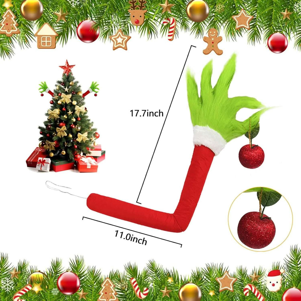 Furry Green Monster Elf Arms Hand for Christmas Tree Ornaments - A-1 Thread Vault