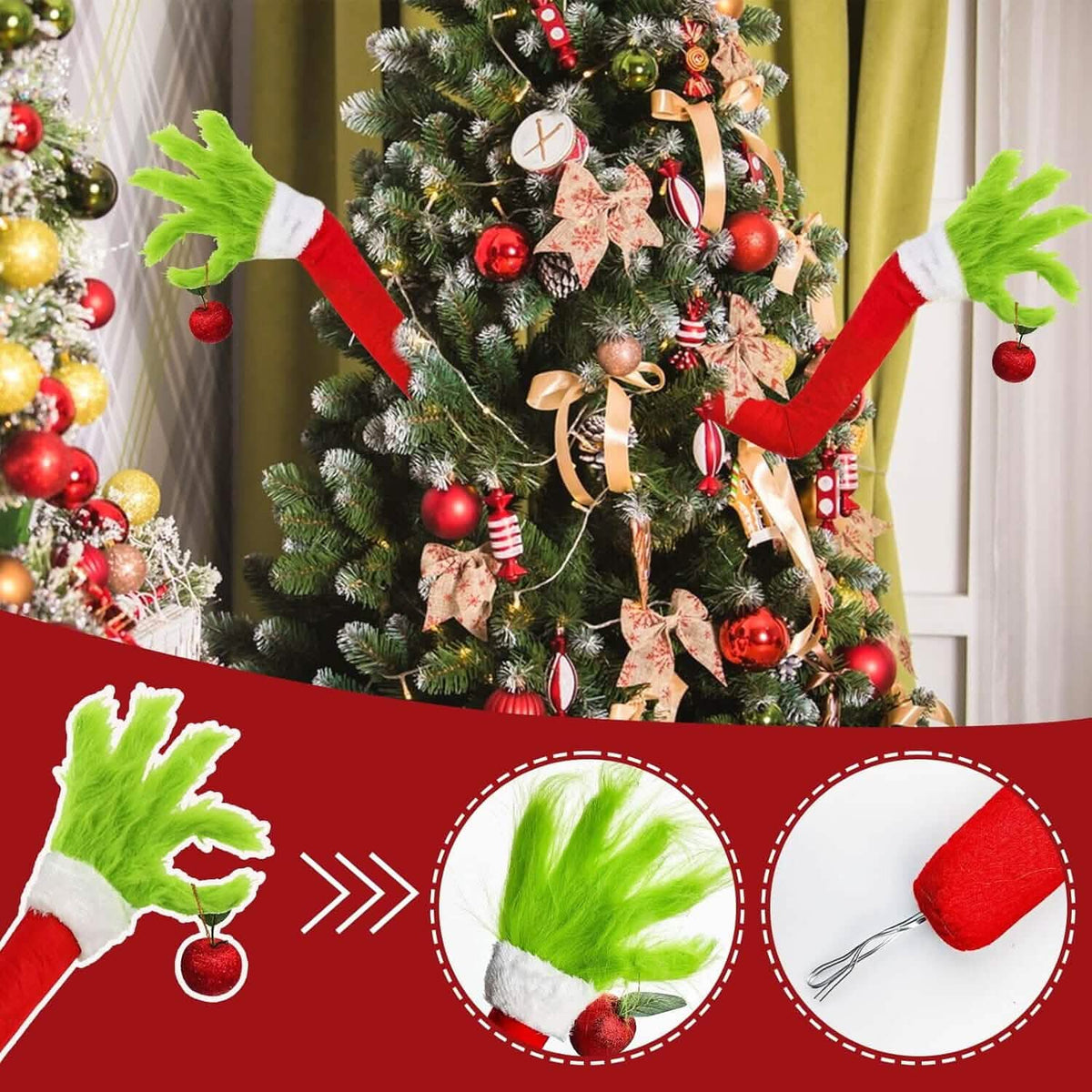 Furry Green Monster Elf Arms Hand for Christmas Tree Ornaments - A-1 Thread Vault