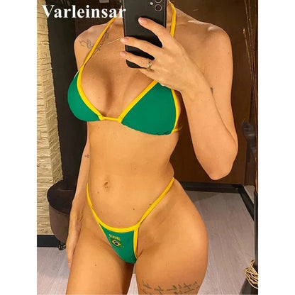 G-string Thong Brazilian Bikini Women Swimwear Female Swimsuit Two-pieces Bikini set Bather Brasil Flag Bathing Suit V6092 - A-1 Thread Vault