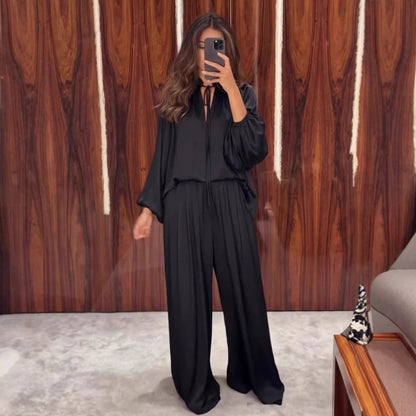Gathered Neck Self-Tie Satin-Finish Top & Wide-Leg Trouser Set(MS465) - A-1 Thread Vault