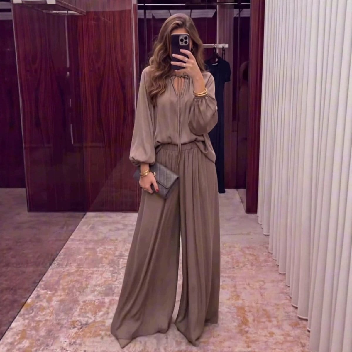 Gathered Neck Self-Tie Satin-Finish Top & Wide-Leg Trouser Set(MS465) - A-1 Thread Vault