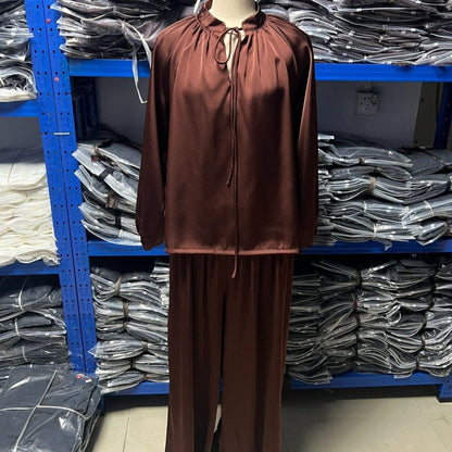 Gathered Neck Self-Tie Satin-Finish Top & Wide-Leg Trouser Set(MS465) - A-1 Thread Vault