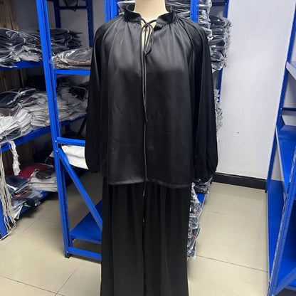 Gathered Neck Self-Tie Satin-Finish Top & Wide-Leg Trouser Set(MS465) - A-1 Thread Vault