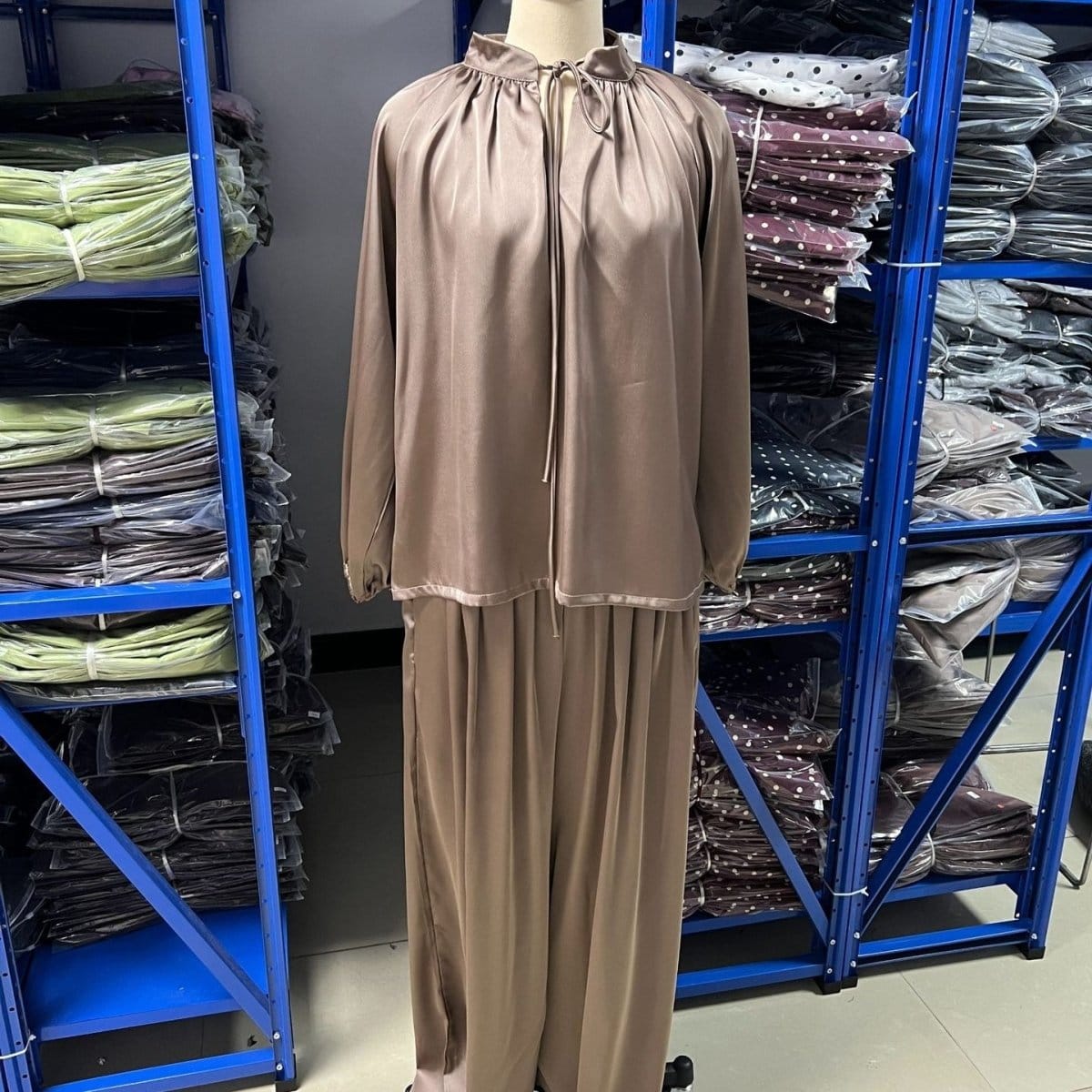 Gathered Neck Self-Tie Satin-Finish Top & Wide-Leg Trouser Set(MS465) - A-1 Thread Vault