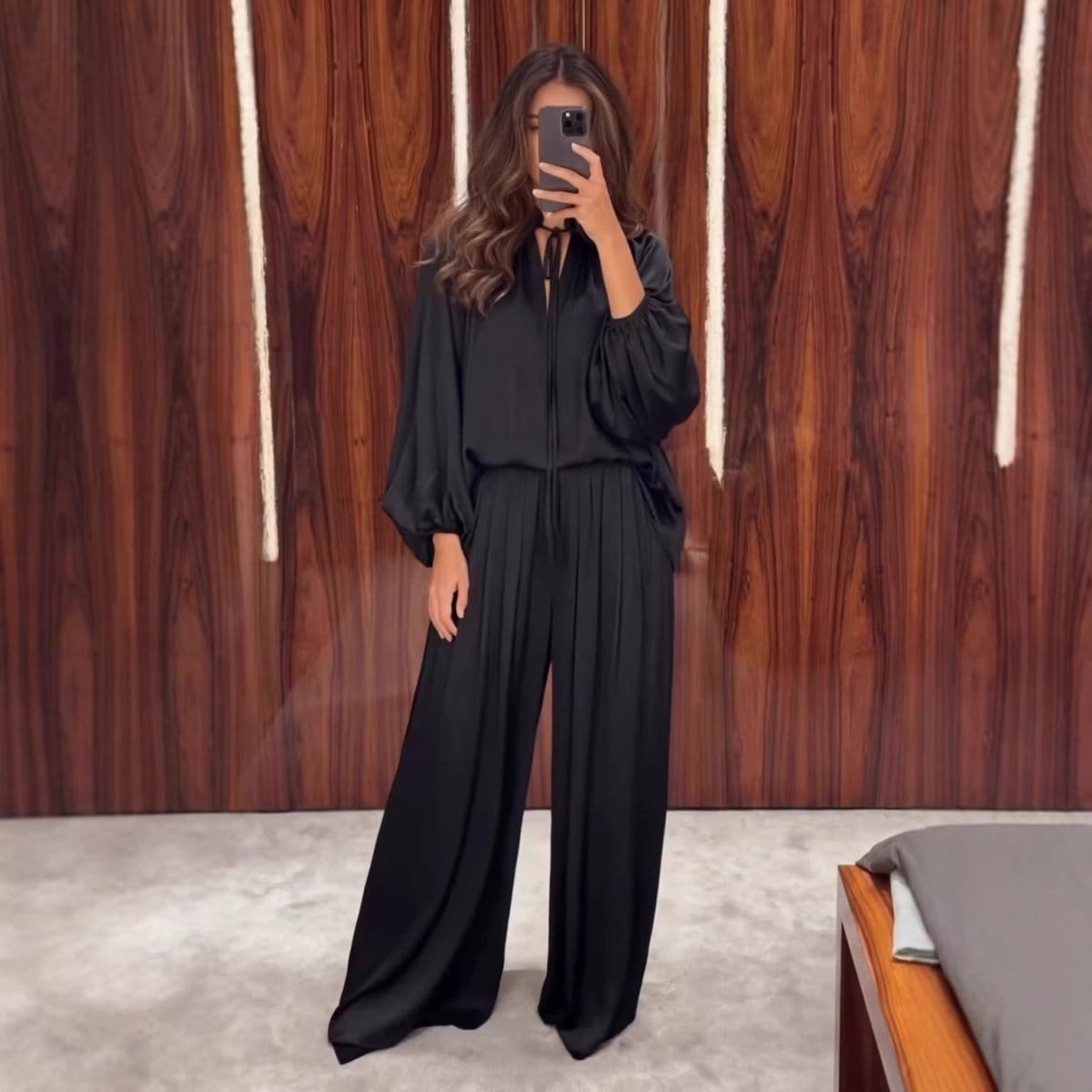 Gathered Neck Self-Tie Satin-Finish Top & Wide-Leg Trouser Set(MS465) - A-1 Thread Vault