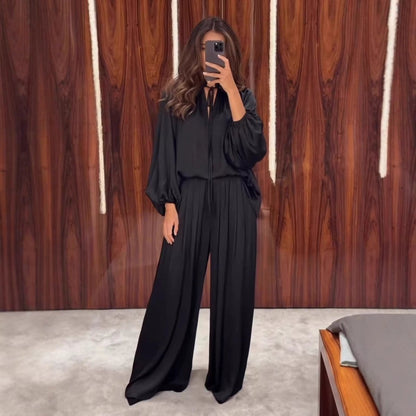 Gathered Neck Self-Tie Satin-Finish Top & Wide-Leg Trouser Set(MS465) - A-1 Thread Vault