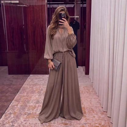 Gathered Neck Self-Tie Satin-Finish Top & Wide-Leg Trouser Set(MS465) - A-1 Thread Vault