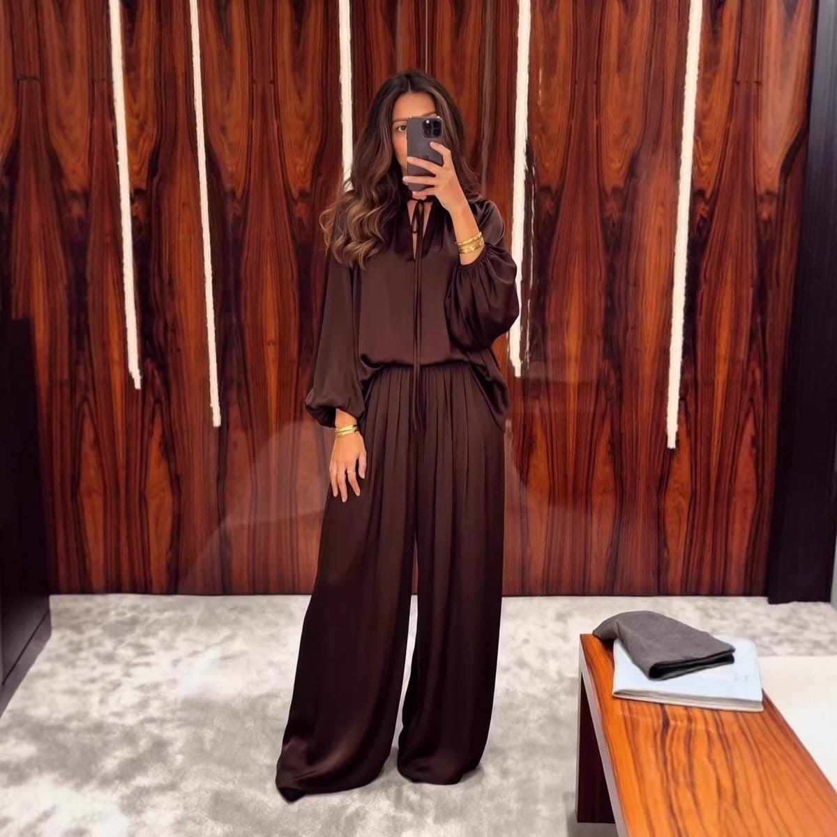 Gathered Neck Self-Tie Satin-Finish Top & Wide-Leg Trouser Set(MS465) - A-1 Thread Vault