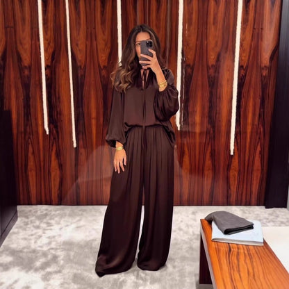 Gathered Neck Self-Tie Satin-Finish Top & Wide-Leg Trouser Set(MS465) - A-1 Thread Vault