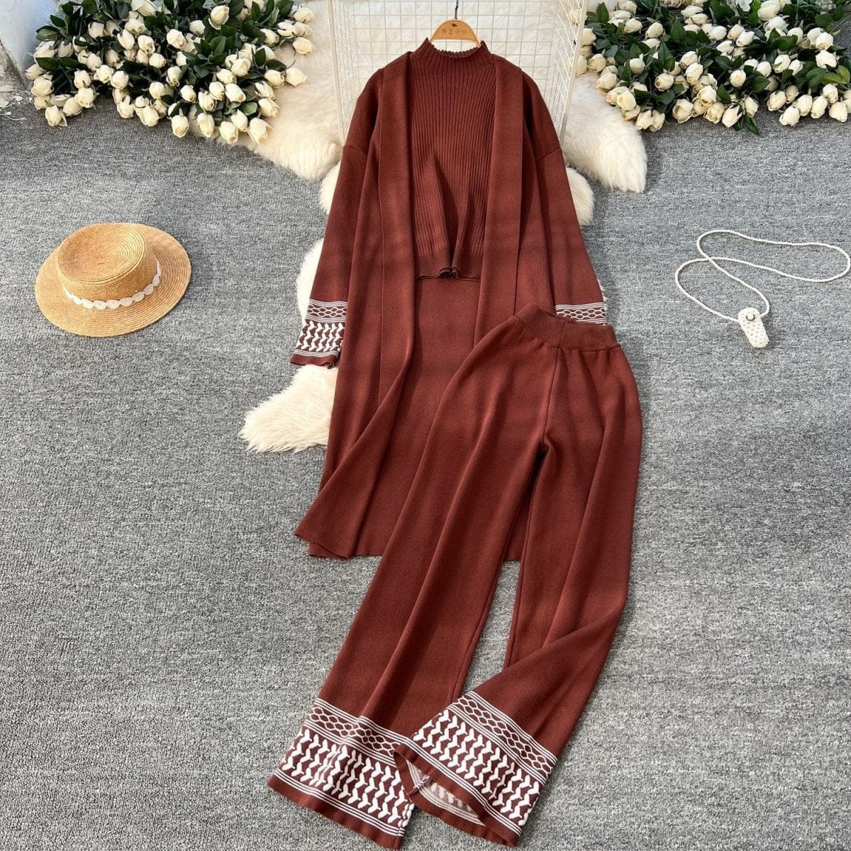 Geometric Jacquard-Trim Ribbed Knit 3-Piece Set(MS471) - A-1 Thread Vault