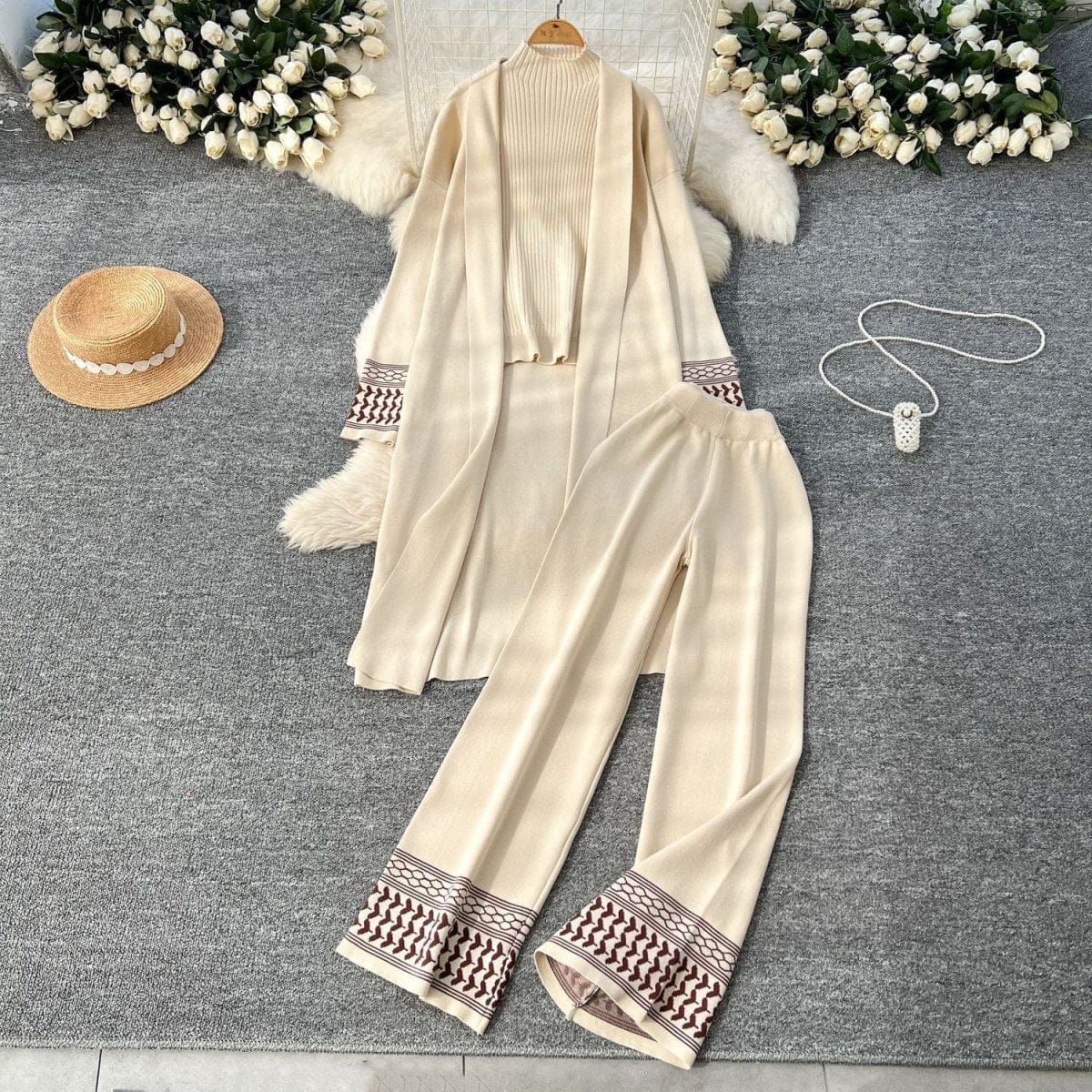 Geometric Jacquard-Trim Ribbed Knit 3-Piece Set(MS471) - A-1 Thread Vault