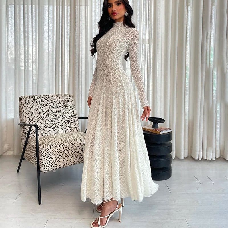 Geometric Lace Mock Neck Maxi Dress (MS397) - A-1 Thread Vault