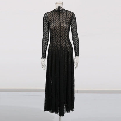 Geometric Lace Mock Neck Maxi Dress (MS397) - A-1 Thread Vault