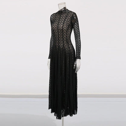 Geometric Lace Mock Neck Maxi Dress (MS397) - A-1 Thread Vault