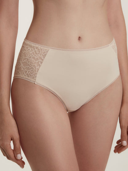 Beige high-waisted briefs featuring decorative lace side panels and a delicate stitched trim along the waistband and leg openings.