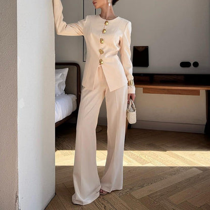 Gold Button Blazer & Straight Leg Pants Set (MS398) - A-1 Thread Vault