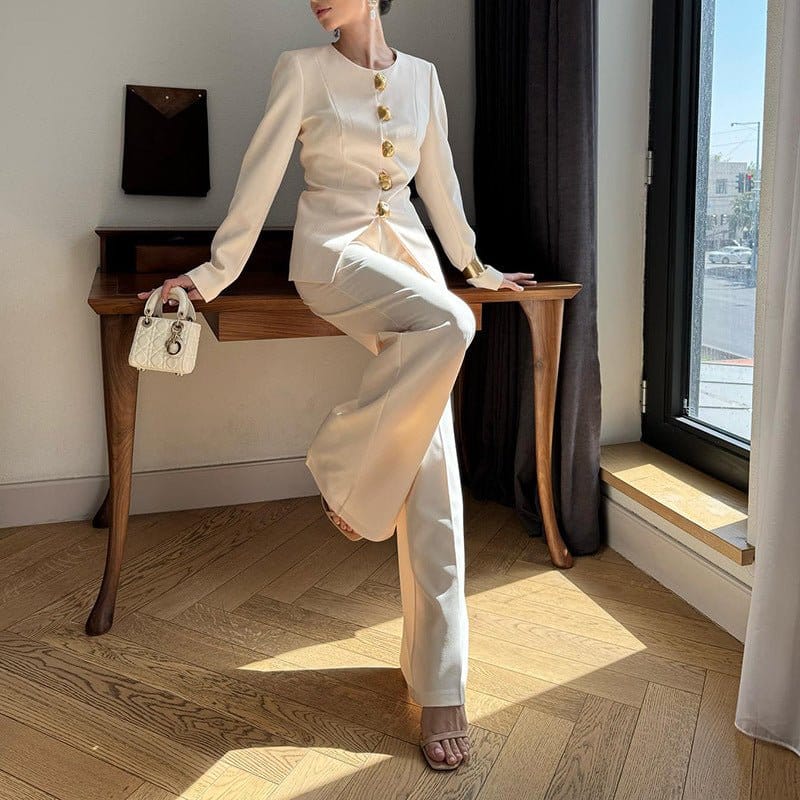 Gold Button Blazer & Straight Leg Pants Set (MS398) - A-1 Thread Vault