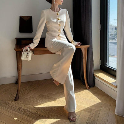 Gold Button Blazer & Straight Leg Pants Set (MS398) - A-1 Thread Vault