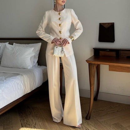 Gold Button Blazer & Straight Leg Pants Set (MS398) - A-1 Thread Vault