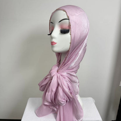 Gold Chain Beaded Edge Crinkle Satin Hijab(MH238) - A-1 Thread Vault