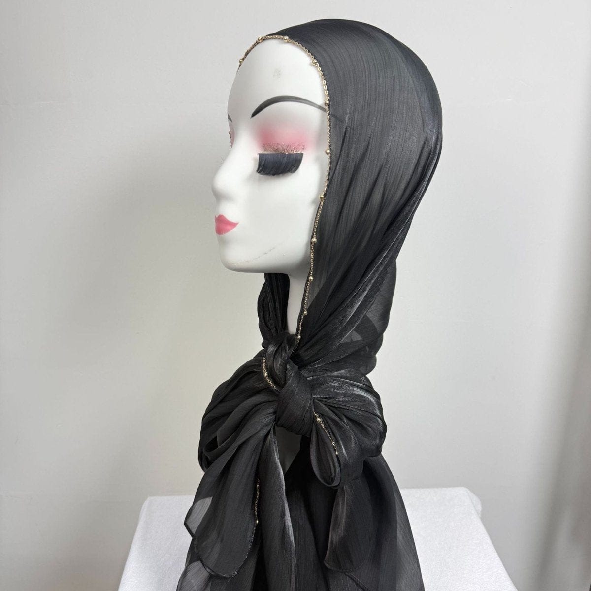 Gold Chain Beaded Edge Crinkle Satin Hijab(MH238) - A-1 Thread Vault