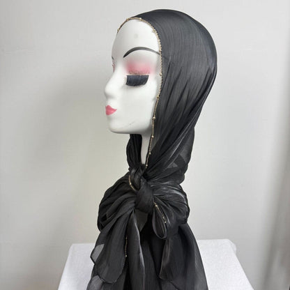 Gold Chain Beaded Edge Crinkle Satin Hijab(MH238) - A-1 Thread Vault