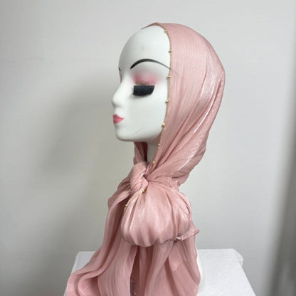 Gold Chain Beaded Edge Crinkle Satin Hijab(MH238) - A-1 Thread Vault