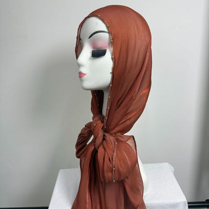Gold Chain Beaded Edge Crinkle Satin Hijab(MH238) - A-1 Thread Vault