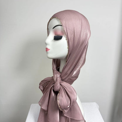 Gold Chain Beaded Edge Crinkle Satin Hijab(MH238) - A-1 Thread Vault