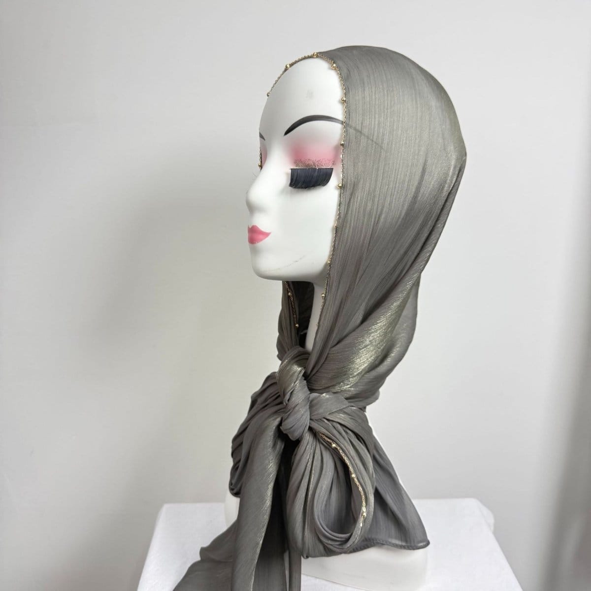 Gold Chain Beaded Edge Crinkle Satin Hijab(MH238) - A-1 Thread Vault