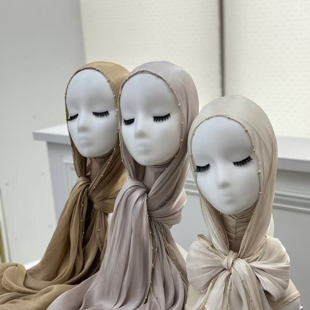 Gold Chain Beaded Edge Crinkle Satin Hijab(MH238) - A-1 Thread Vault