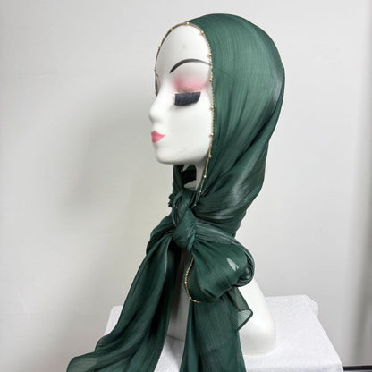 Gold Chain Beaded Edge Crinkle Satin Hijab(MH238) - A-1 Thread Vault