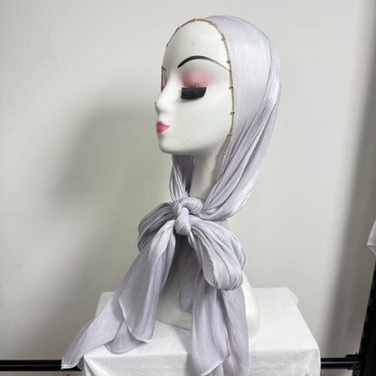 Gold Chain Beaded Edge Crinkle Satin Hijab(MH238) - A-1 Thread Vault