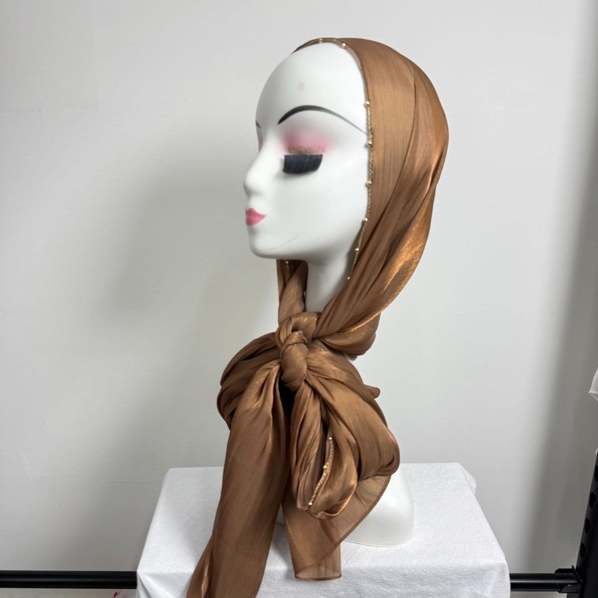 Gold Chain Beaded Edge Crinkle Satin Hijab(MH238) - A-1 Thread Vault