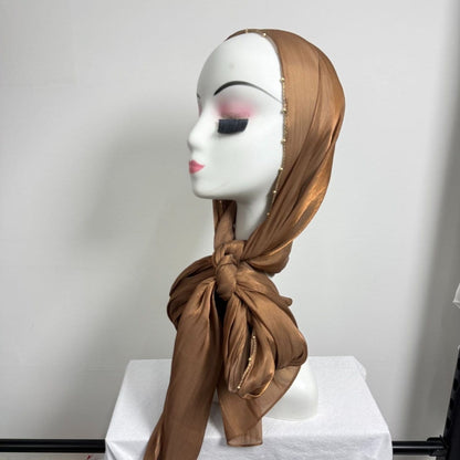 Gold Chain Beaded Edge Crinkle Satin Hijab(MH238) - A-1 Thread Vault