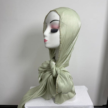 Gold Chain Beaded Edge Crinkle Satin Hijab(MH238) - A-1 Thread Vault