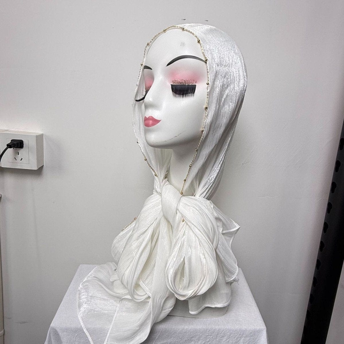 Gold Chain Beaded Edge Crinkle Satin Hijab(MH238) - A-1 Thread Vault