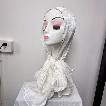 Gold Chain Beaded Edge Crinkle Satin Hijab(MH238) - A-1 Thread Vault