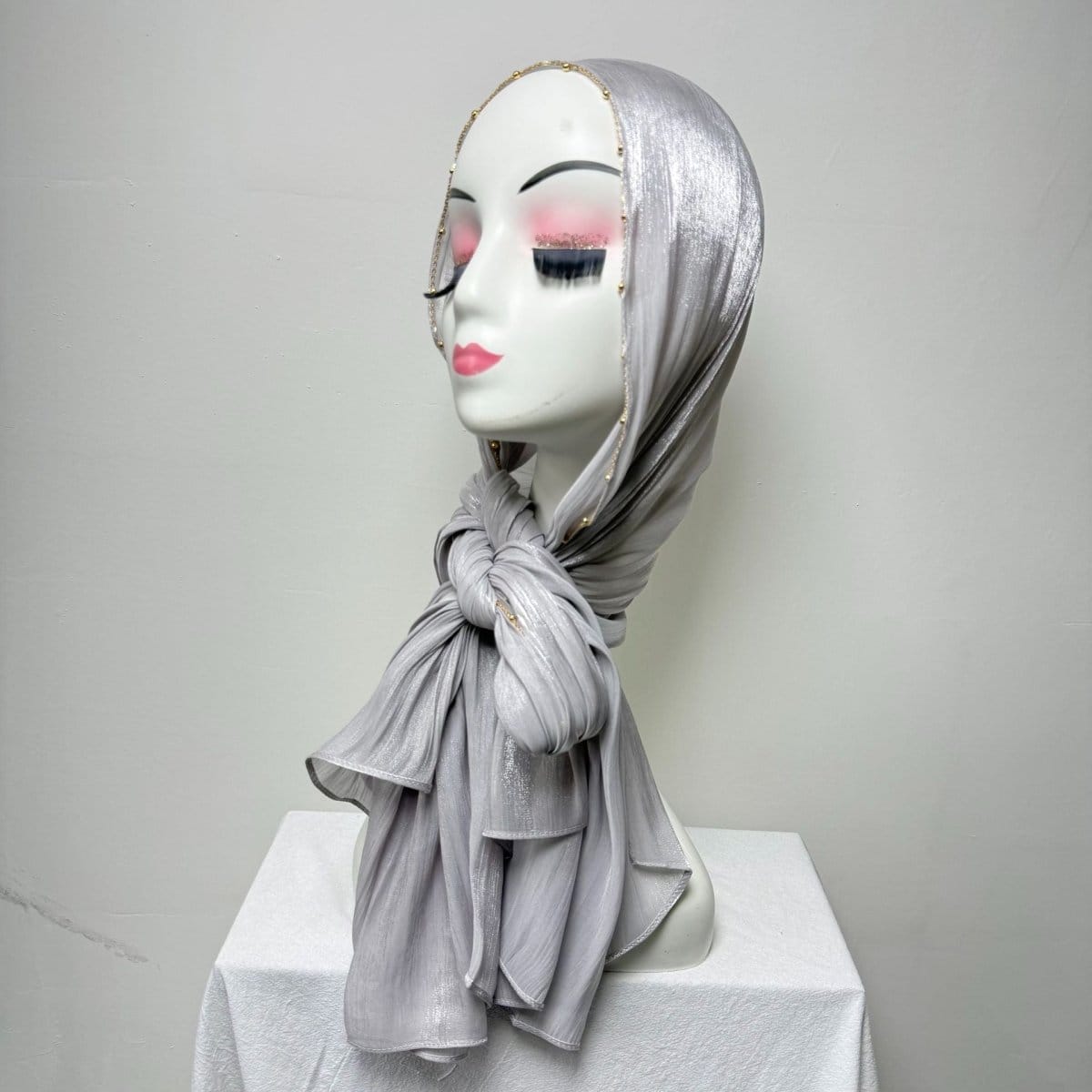 Gold Chain Beaded Edge Crinkle Satin Hijab(MH238) - A-1 Thread Vault