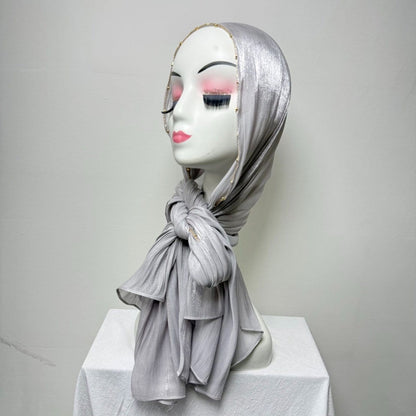 Gold Chain Beaded Edge Crinkle Satin Hijab(MH238) - A-1 Thread Vault