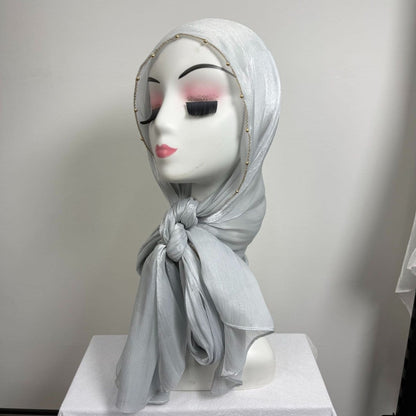 Gold Chain Beaded Edge Crinkle Satin Hijab(MH238) - A-1 Thread Vault