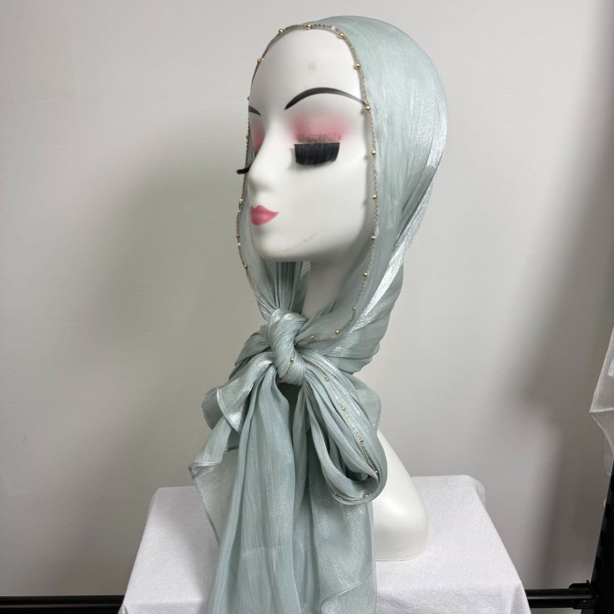 Gold Chain Beaded Edge Crinkle Satin Hijab(MH238) - A-1 Thread Vault