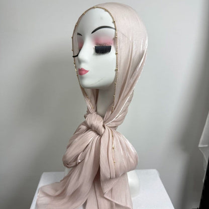 Gold Chain Beaded Edge Crinkle Satin Hijab(MH238) - A-1 Thread Vault