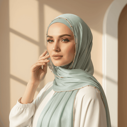 Gold Chain Beaded Edge Crinkle Satin Hijab(MH238) - A-1 Thread Vault