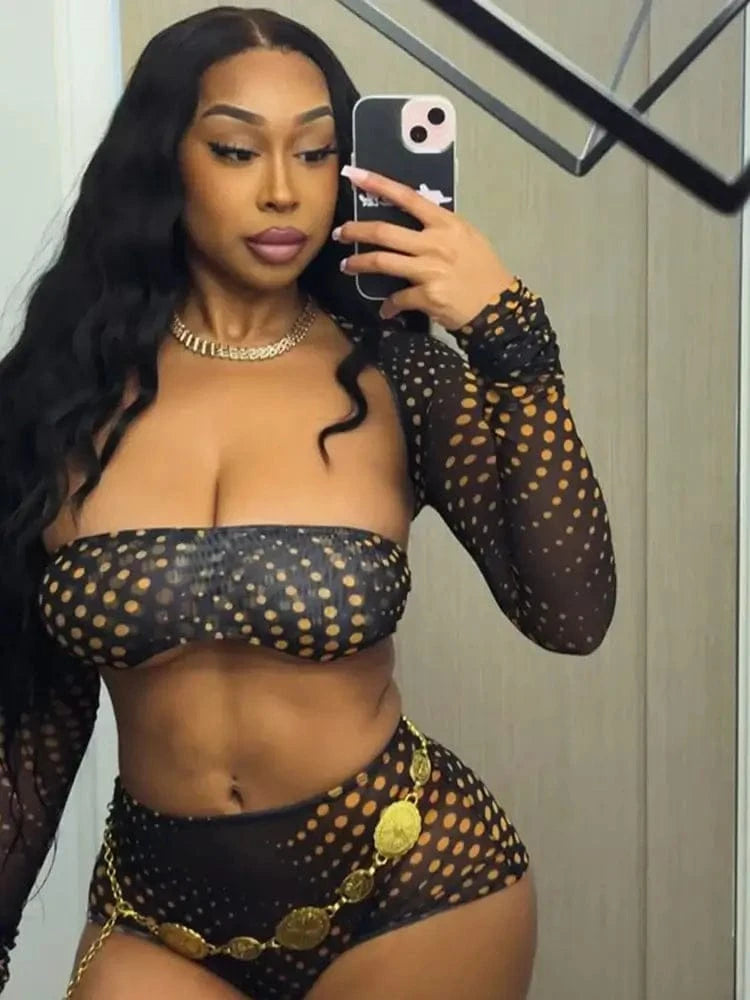 Gold Polka Dot Mesh 3-Piece Crop Top & Shorts Set - A-1 Thread Vault