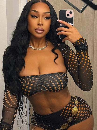 Gold Polka Dot Mesh 3-Piece Crop Top & Shorts Set - A-1 Thread Vault